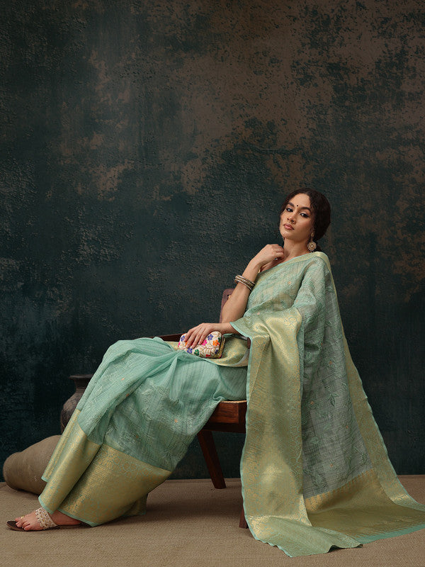 Green Kota Doria Embroidered Floral Saree with Unstitched Blouse - Hiral Fashion | Swadesiicart