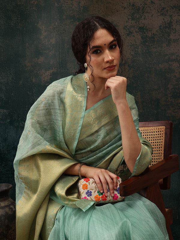 Green Kota Doria Embroidered Floral Saree with Unstitched Blouse - Hiral Fashion | Swadesiicart