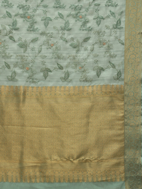 Green Kota Doria Embroidered Floral Saree with Unstitched Blouse - Hiral Fashion | Swadesiicart