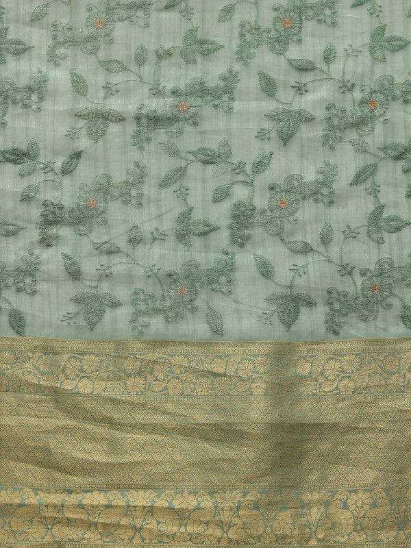Green Kota Doria Embroidered Floral Saree with Unstitched Blouse - Hiral Fashion | Swadesiicart