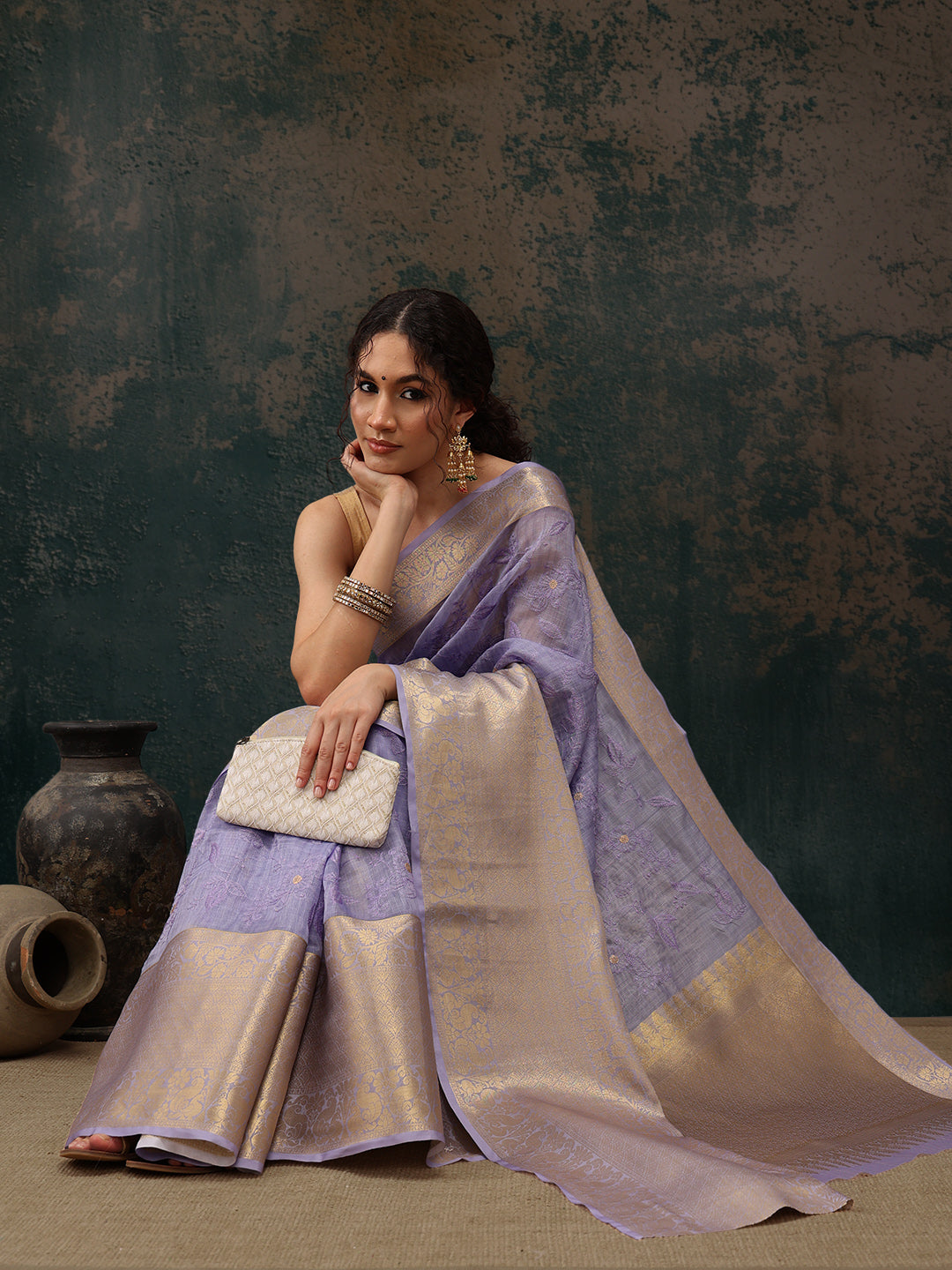 Lavender Kota Doria Embroidered Floral Saree with Unstitched Blouse - Hiral Fashion | Swadesiicart