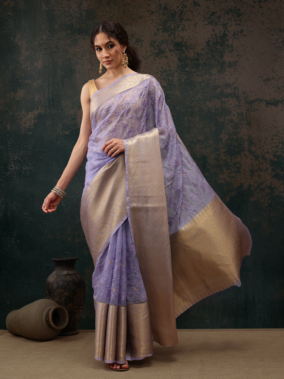 Lavender Kota Doria Embroidered Floral Saree with Unstitched Blouse - Hiral Fashion | Swadesiicart