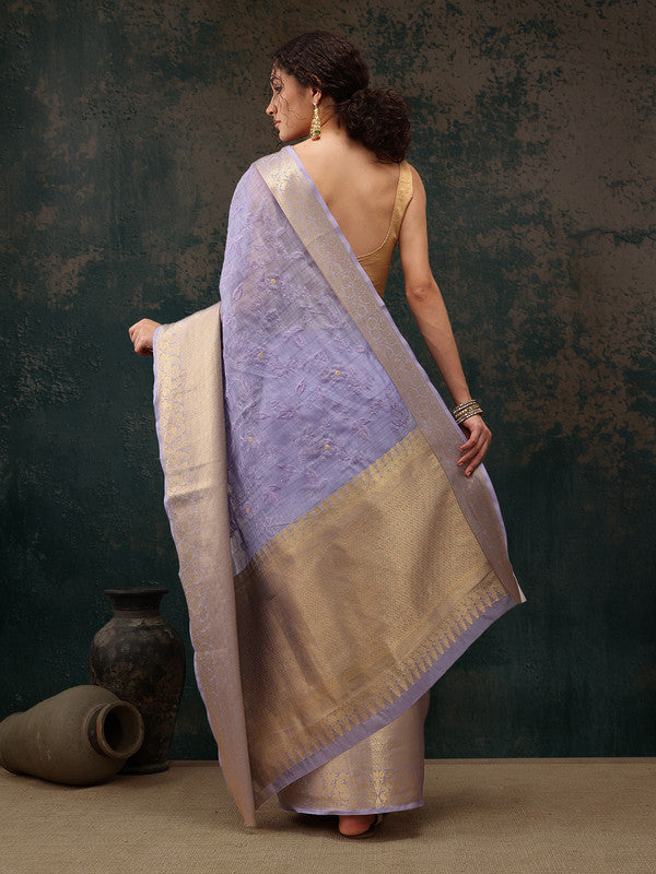Lavender Kota Doria Embroidered Floral Saree with Unstitched Blouse - Hiral Fashion | Swadesiicart