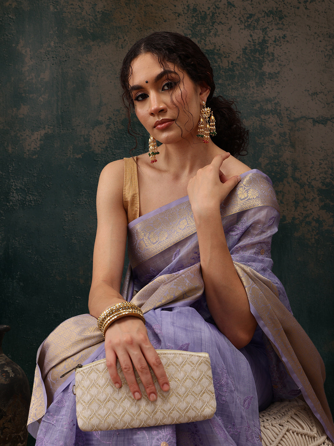 Lavender Kota Doria Embroidered Floral Saree with Unstitched Blouse - Hiral Fashion | Swadesiicart