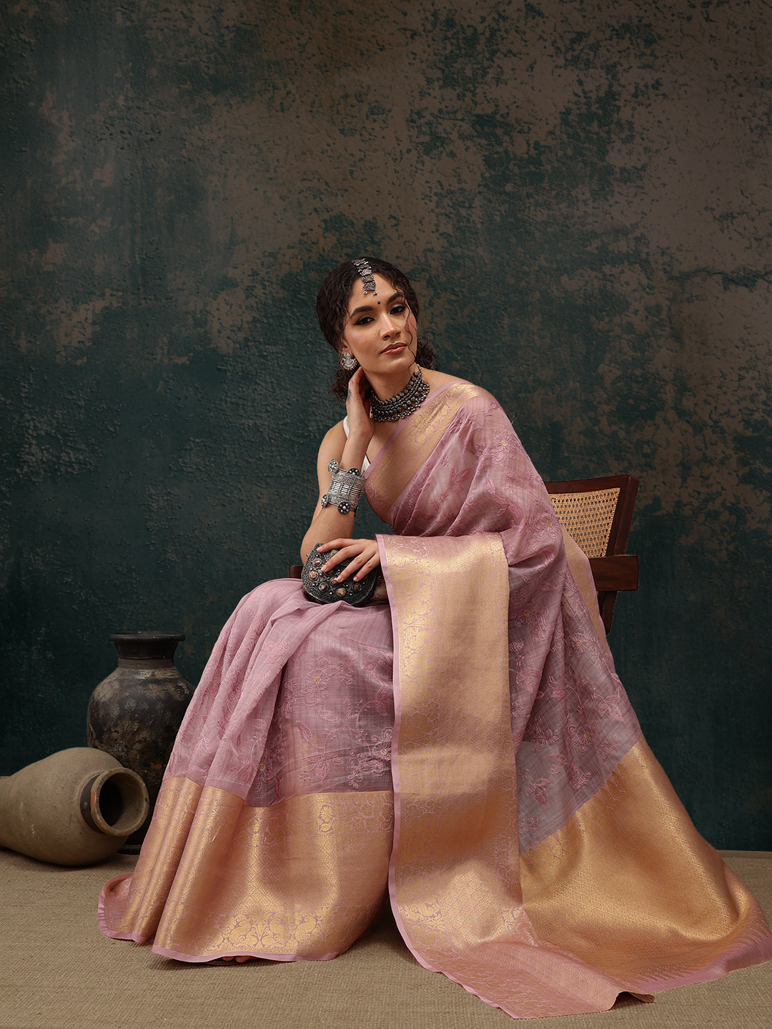 Pink Kota Doria Embroidered Floral Saree with Unstitched Blouse - Hiral Fashion | Swadesiicart
