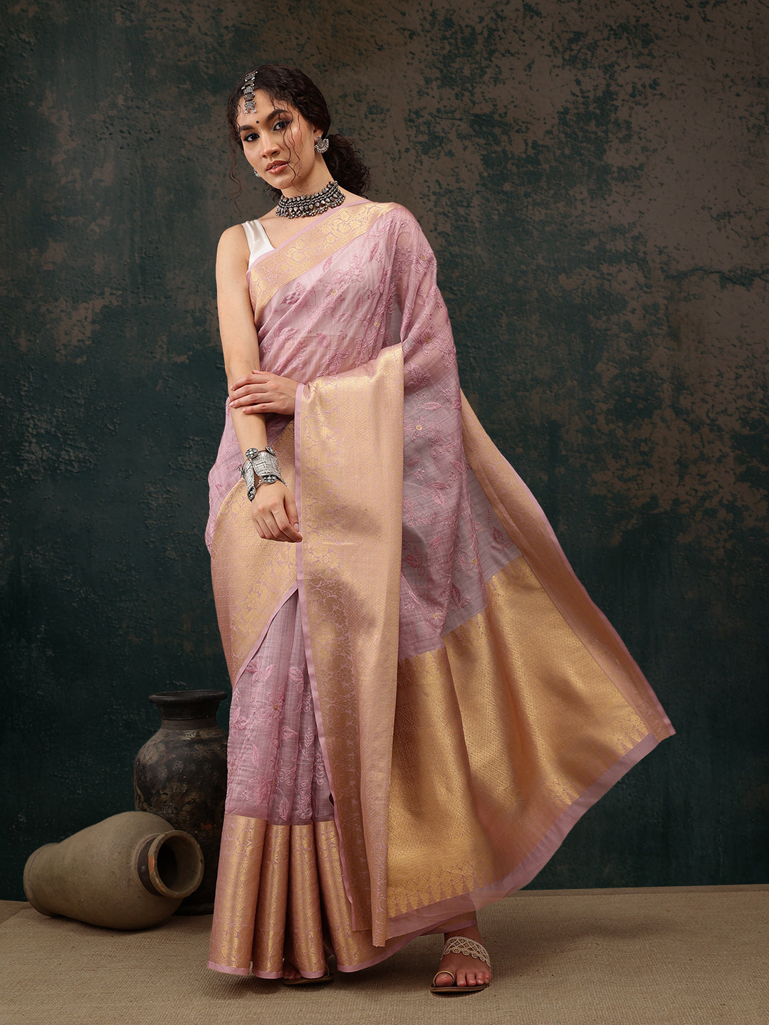Pink Kota Doria Embroidered Floral Saree with Unstitched Blouse - Hiral Fashion | Swadesiicart