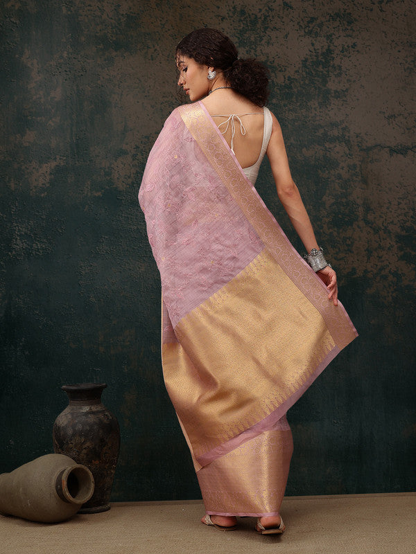 Pink Kota Doria Embroidered Floral Saree with Unstitched Blouse - Hiral Fashion | Swadesiicart