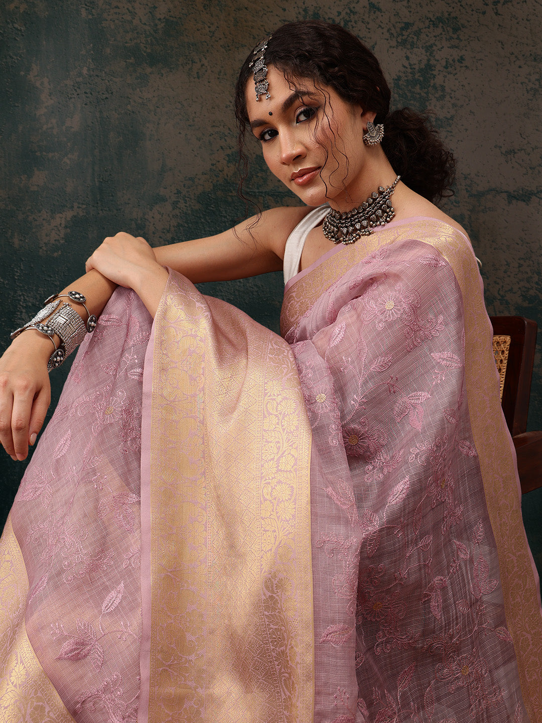 Pink Kota Doria Embroidered Floral Saree with Unstitched Blouse - Hiral Fashion | Swadesiicart