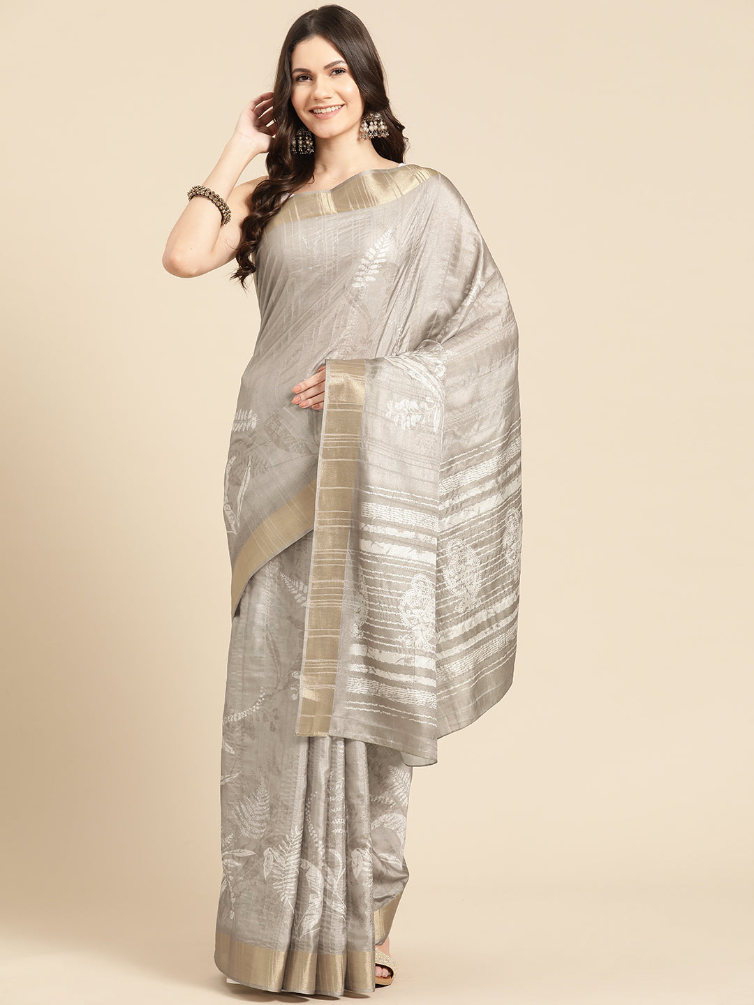 Beige Silk Blend Digital Print Floral Saree with Unstitched Blouse - Hiral Fashion | Swadesiicart