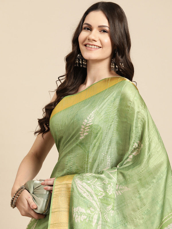Green Silk Blend Digital Print Floral Saree with Unstitched Blouse - Hiral Fashion | Swadesiicart