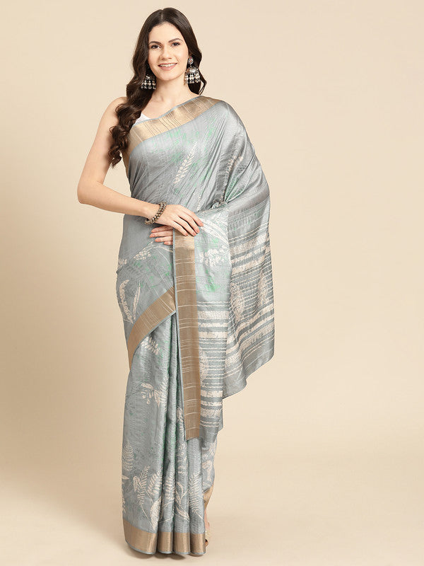 Gray Silk Blend Digital Print Floral Saree with Unstitched Blouse - Hiral Fashion | Swadesiicart