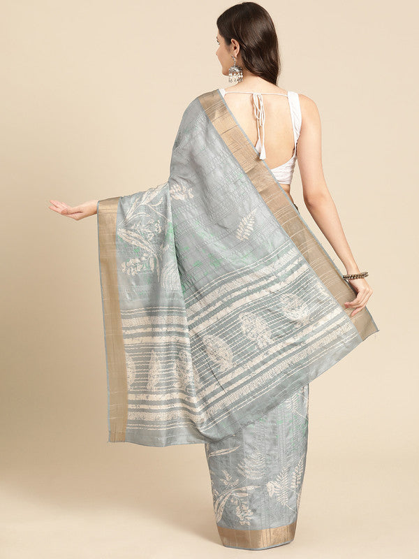 Gray Silk Blend Digital Print Floral Saree with Unstitched Blouse - Hiral Fashion | Swadesiicart