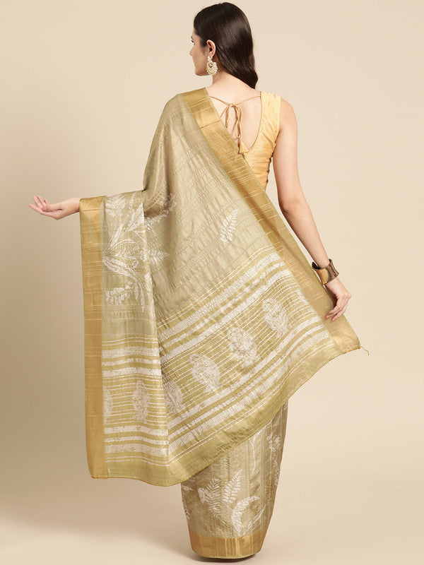 Olive Silk Blend Digital Print Floral Saree with Unstitched Blouse - Hiral Fashion | Swadesiicart