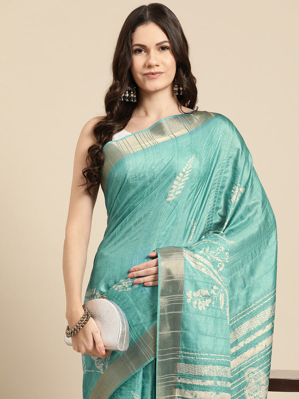 Turquoise Silk Blend Digital Print Floral Saree with Unstitched Blouse - Hiral Fashion | Swadesiicart