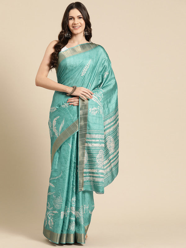 Turquoise Silk Blend Digital Print Floral Saree with Unstitched Blouse - Hiral Fashion | Swadesiicart