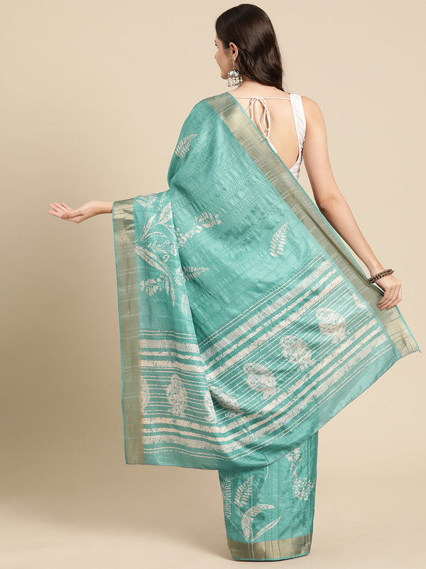 Turquoise Silk Blend Digital Print Floral Saree with Unstitched Blouse - Hiral Fashion | Swadesiicart