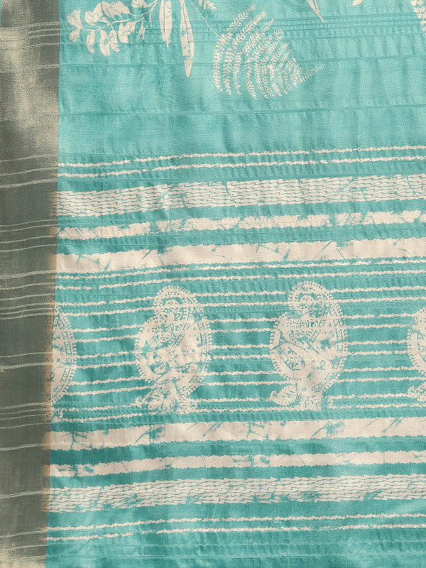 Turquoise Silk Blend Digital Print Floral Saree with Unstitched Blouse - Hiral Fashion | Swadesiicart