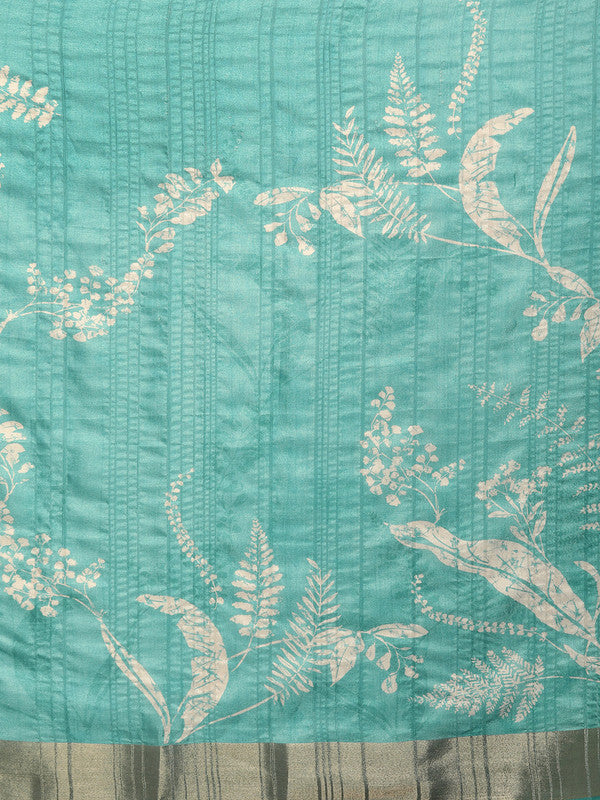 Turquoise Silk Blend Digital Print Floral Saree with Unstitched Blouse - Hiral Fashion | Swadesiicart