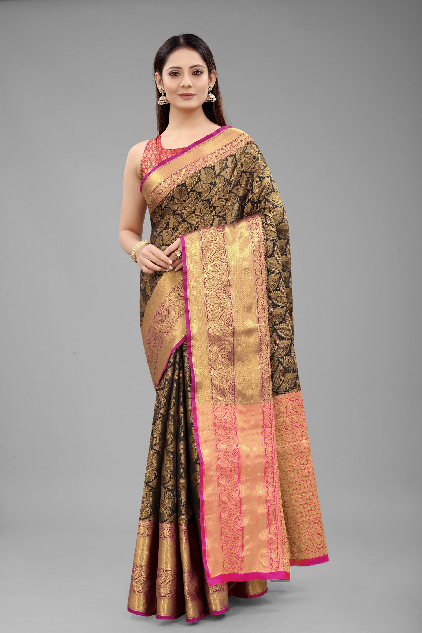 Hiral Fashion Black Banarasi Art Silk Floral Woven Design Saree | Swadesiicart