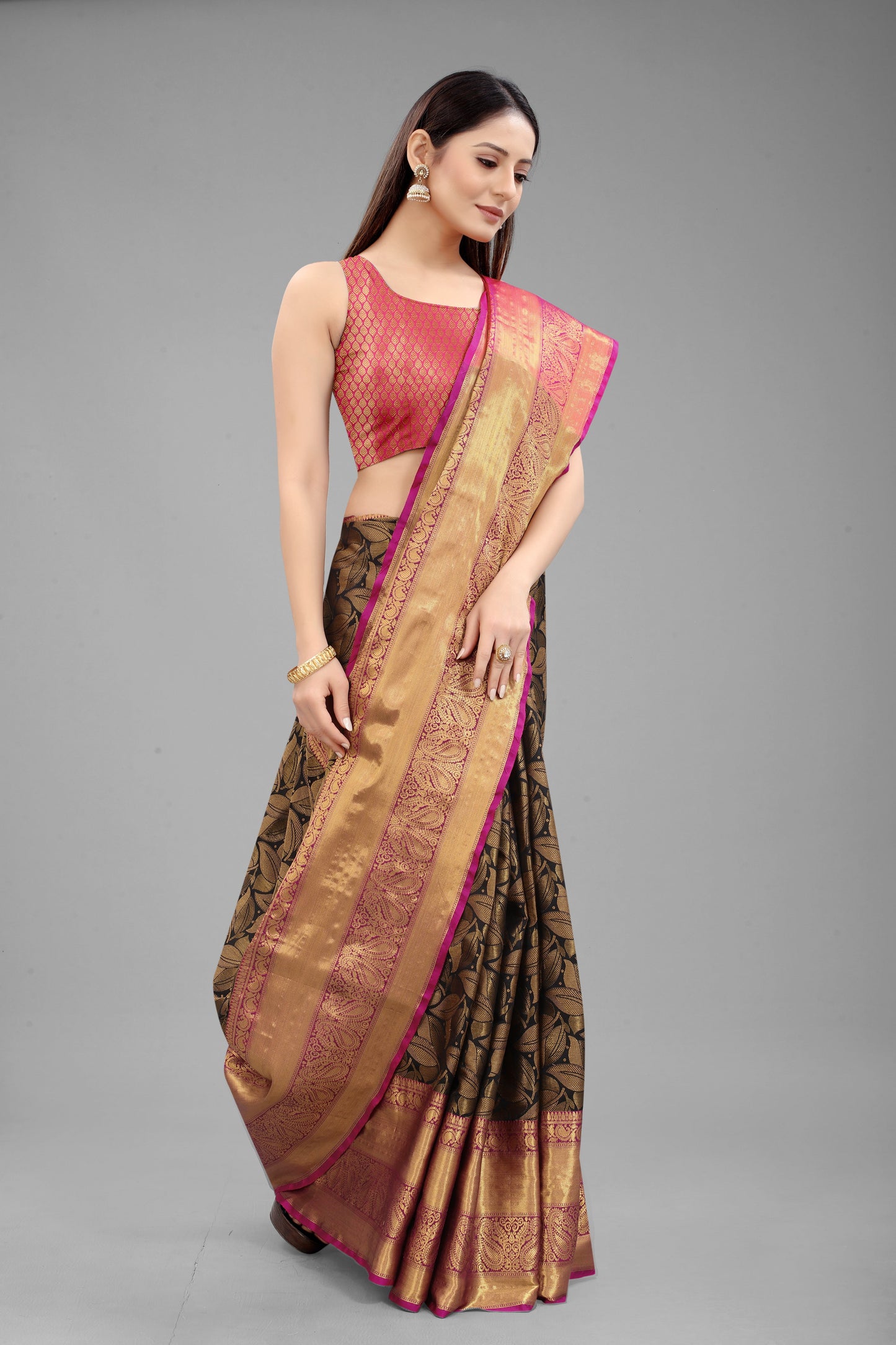 Hiral Fashion Black Banarasi Art Silk Floral Woven Design Saree | Swadesiicart