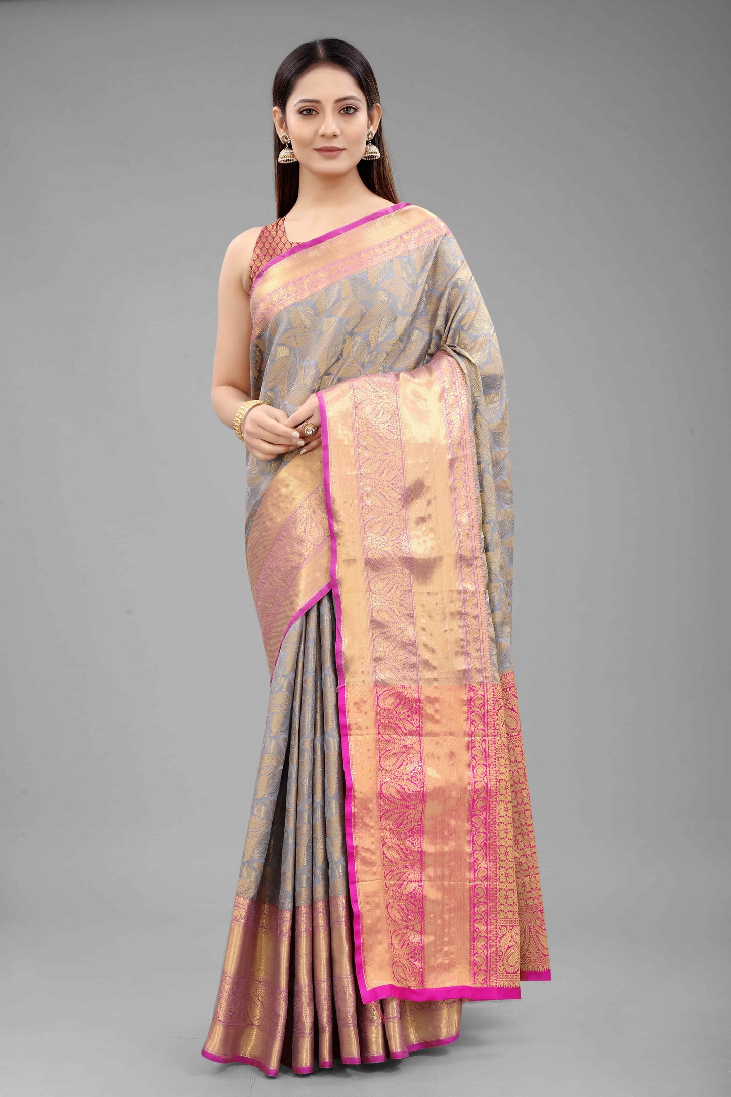 Hiral Fashion Grey Banarasi Art Silk Floral Woven Design Saree | Swadesiicart