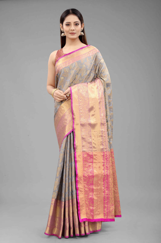 Hiral Fashion Grey Banarasi Art Silk Floral Woven Design Saree | Swadesiicart