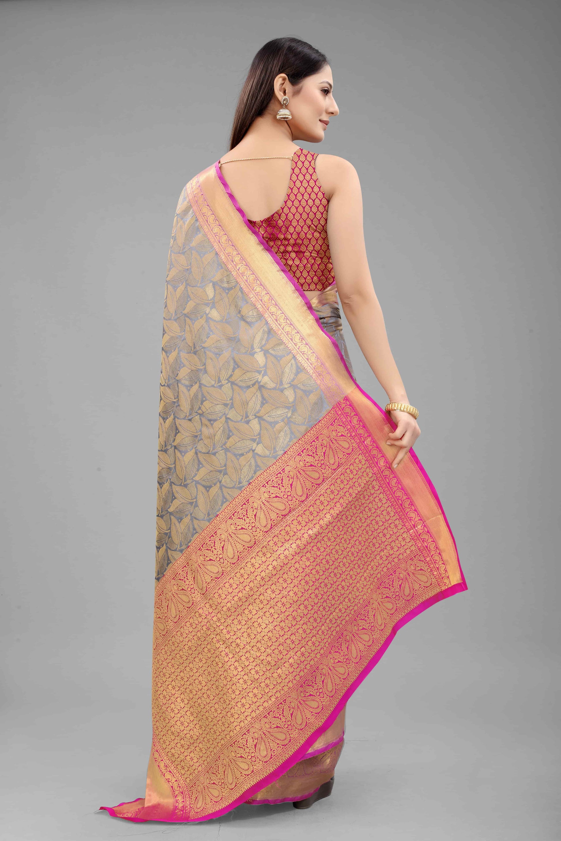 Hiral Fashion Grey Banarasi Art Silk Floral Woven Design Saree | Swadesiicart