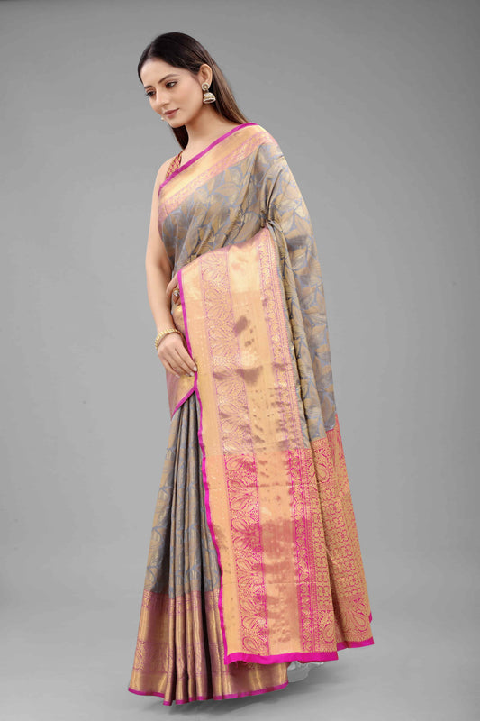 Hiral Fashion Grey Banarasi Art Silk Floral Woven Design Saree | Swadesiicart
