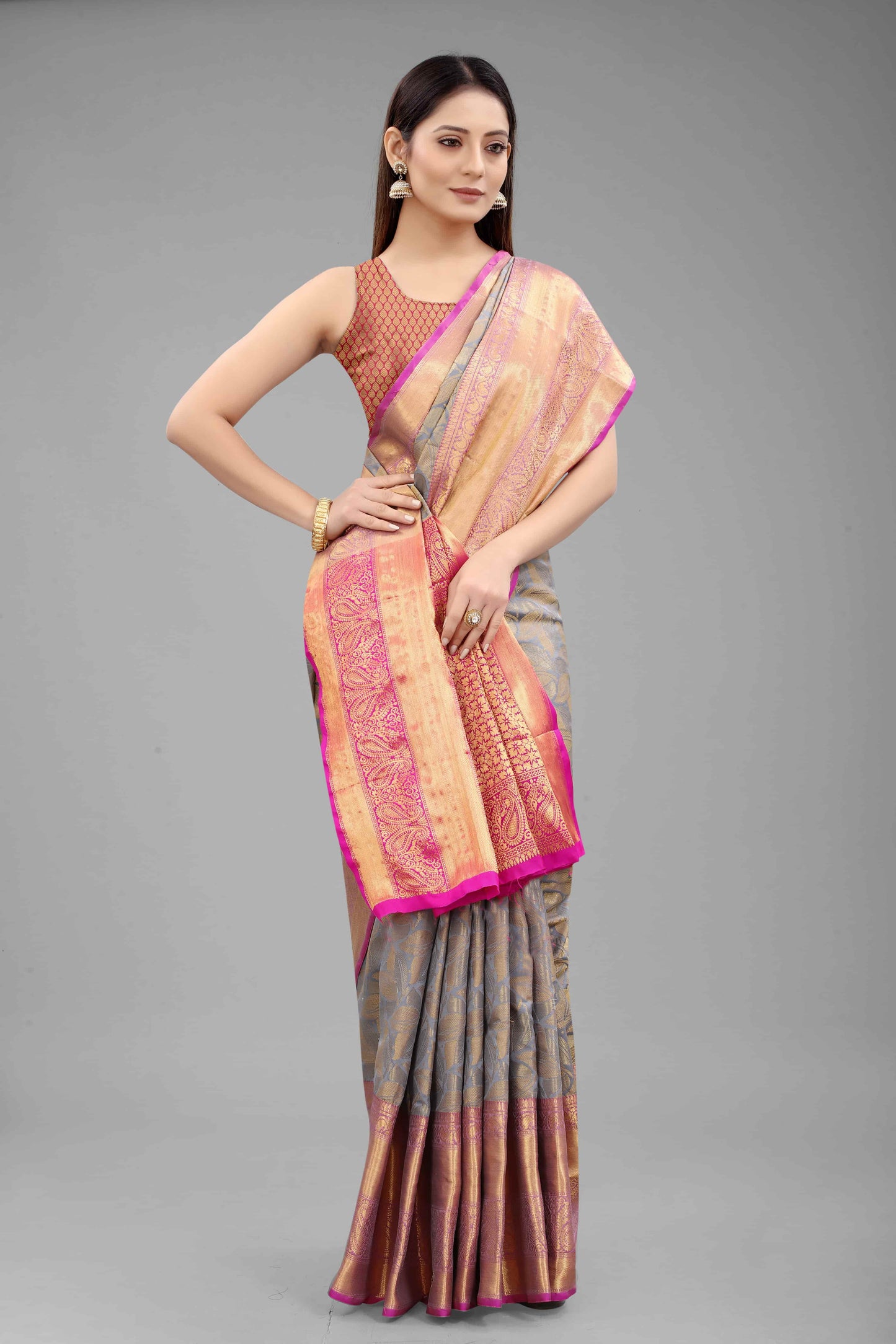 Hiral Fashion Grey Banarasi Art Silk Floral Woven Design Saree | Swadesiicart