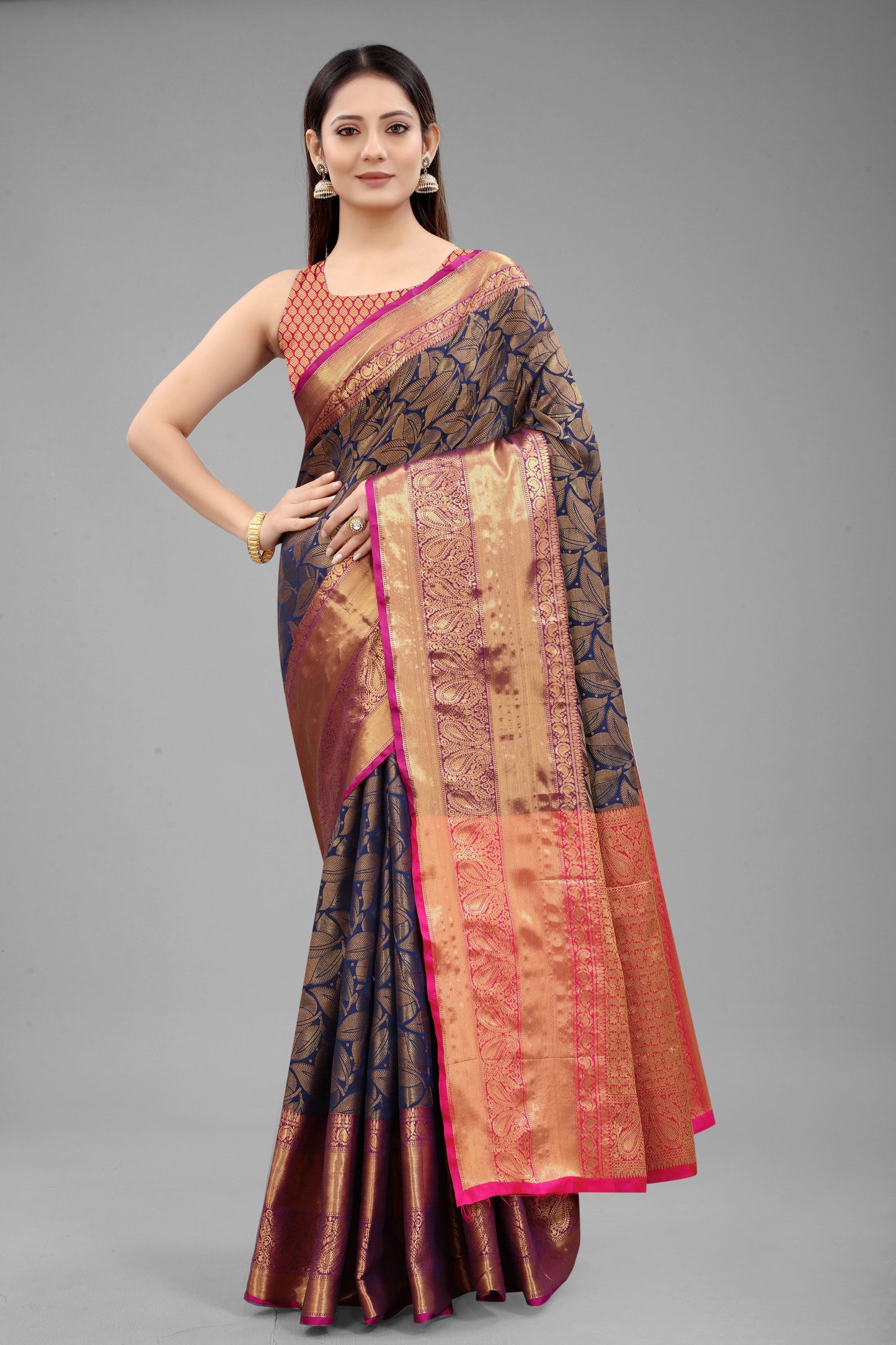 Hiral Fashion Navy Blue Banarasi Art Silk Floral Woven Design Saree | Swadesiicart