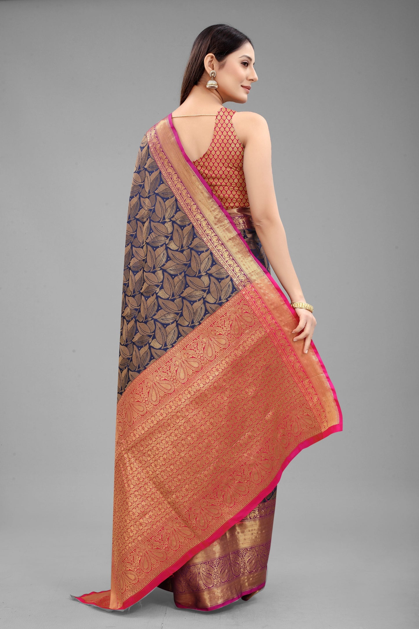 Hiral Fashion Navy Blue Banarasi Art Silk Floral Woven Design Saree | Swadesiicart
