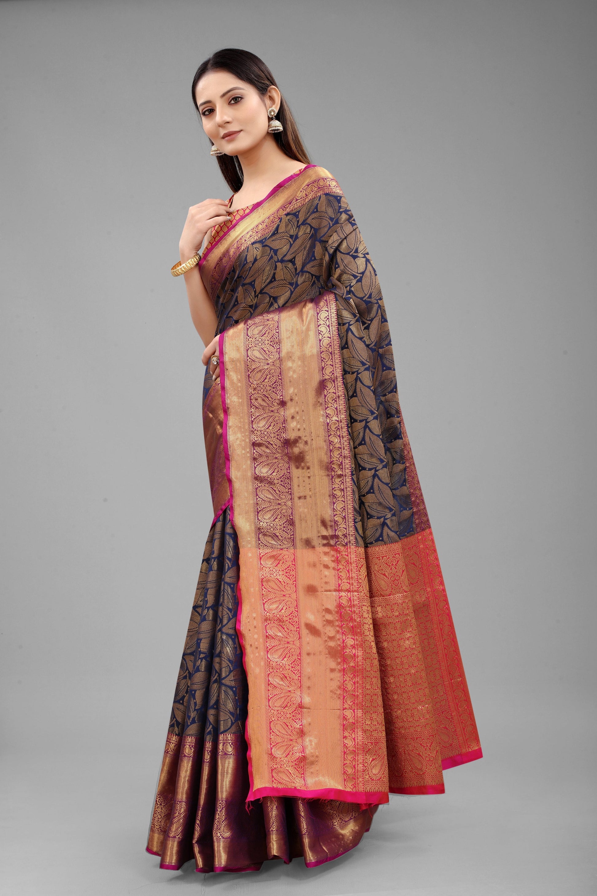 Hiral Fashion Navy Blue Banarasi Art Silk Floral Woven Design Saree | Swadesiicart