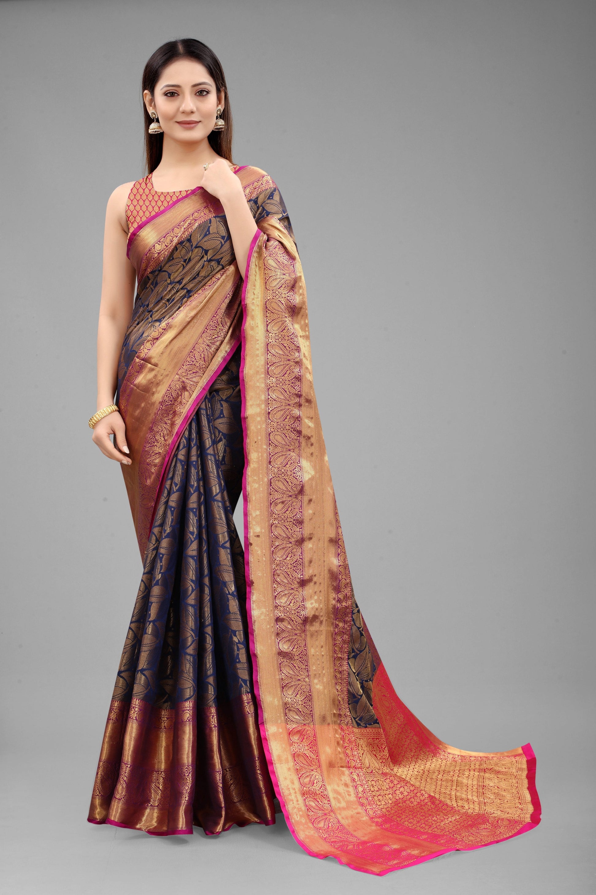Hiral Fashion Navy Blue Banarasi Art Silk Floral Woven Design Saree | Swadesiicart