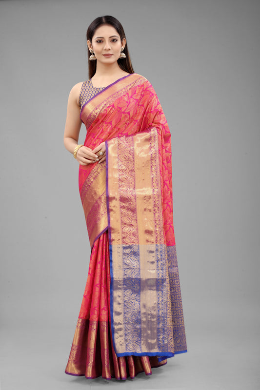 Hiral Fashion Pink Banarasi Art Silk Floral Woven Design Saree | Swadesiicart