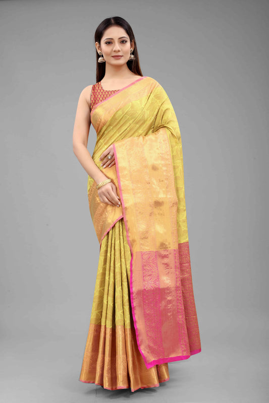 Hiral Fashion Yellow Banarasi Art Silk Floral Woven Design Saree | Swadesiicart