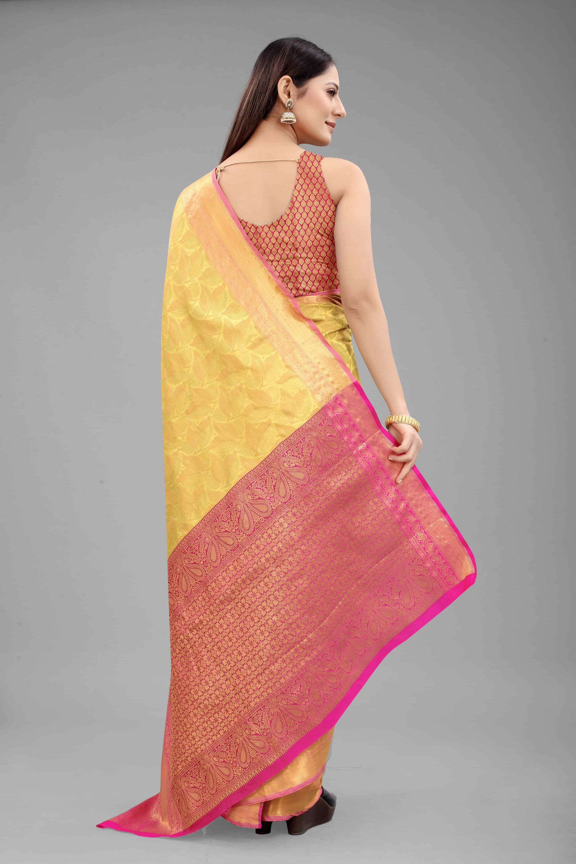 Hiral Fashion Yellow Banarasi Art Silk Floral Woven Design Saree | Swadesiicart