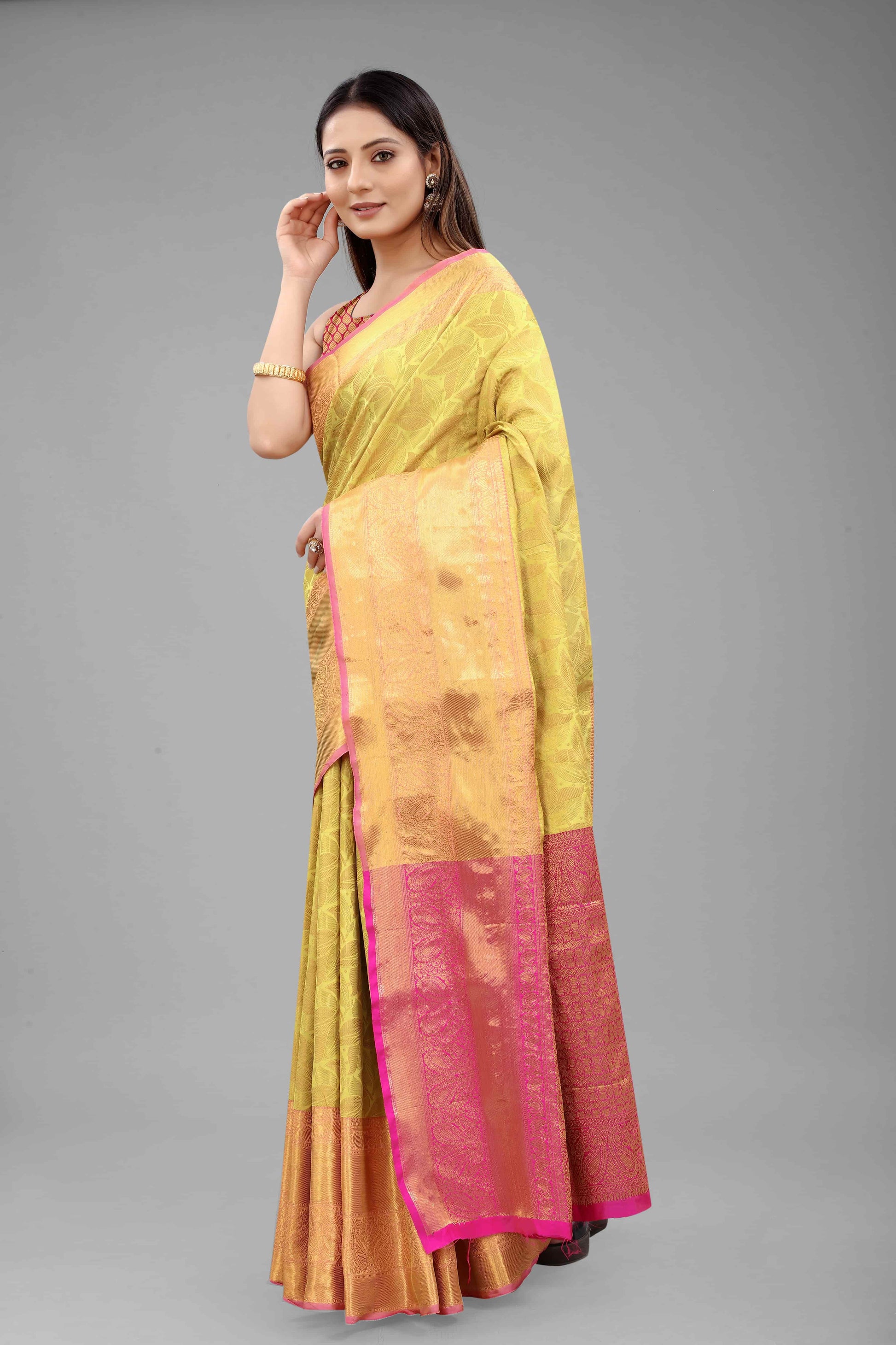 Hiral Fashion Yellow Banarasi Art Silk Floral Woven Design Saree | Swadesiicart