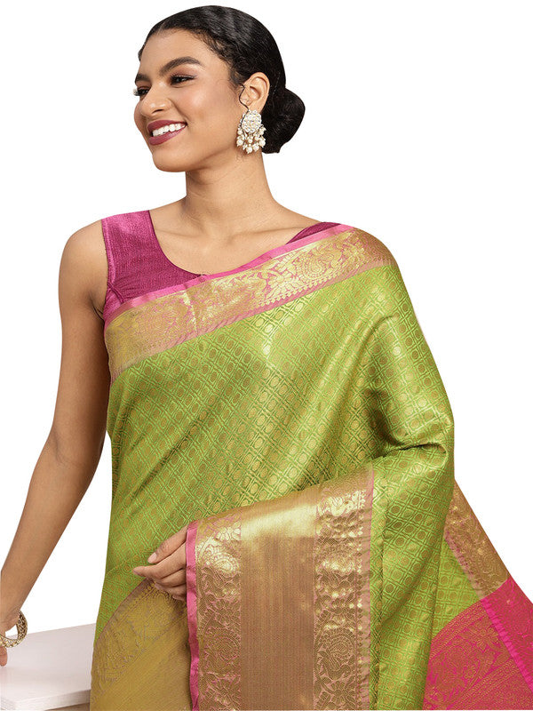 Green Pure Silk Woven Zari Design Polka Dots Saree with Unstitched Blouse - Hiral Fashion | Swadesiicart