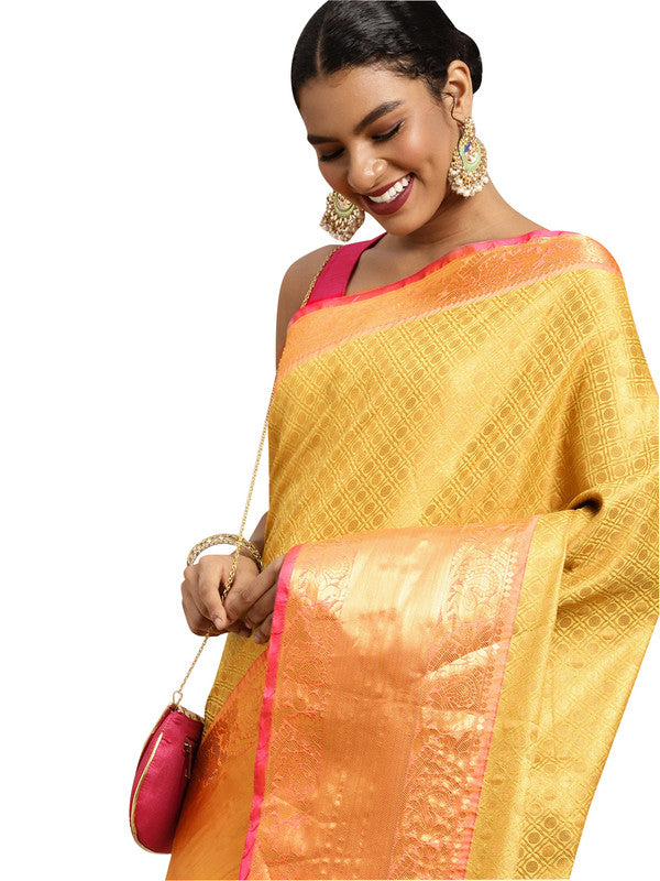 Mustard Pure Silk Woven Zari Design Polka Dots Saree with Unstitched Blouse - Hiral Fashion | Swadesiicart