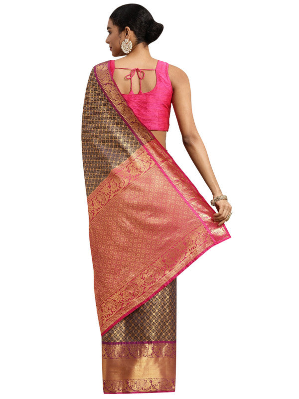 Navy Blue Pure Silk Woven Zari Design Polka Dots Saree with Unstitched Blouse - Hiral Fashion | Swadesiicart