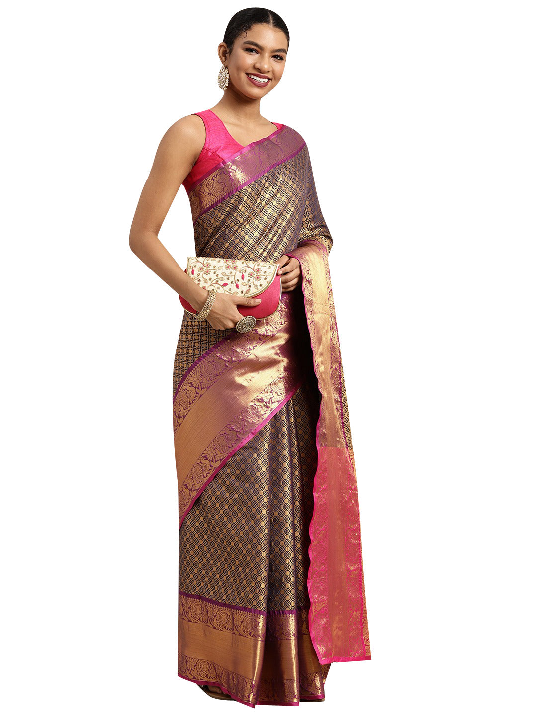 Navy Blue Pure Silk Woven Zari Design Polka Dots Saree with Unstitched Blouse - Hiral Fashion | Swadesiicart