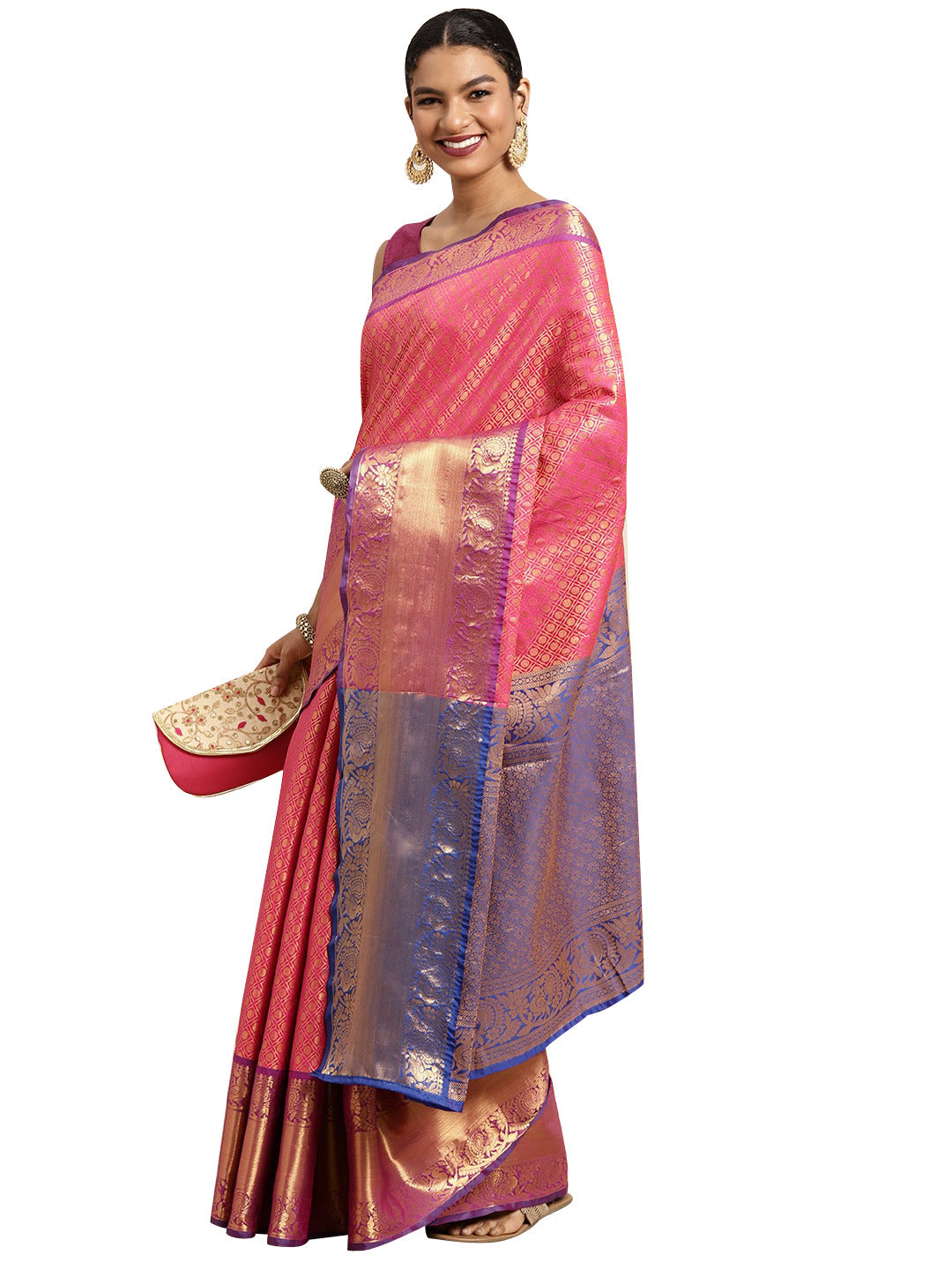 Pink Pure Silk Woven Zari Design Polka Dots Saree with Unstitched Blouse - Hiral Fashion | Swadesiicart