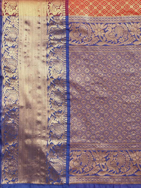 Red Pure Silk Woven Zari Design Polka Dots Saree with Unstitched Blouse - Hiral Fashion | Swadesiicart