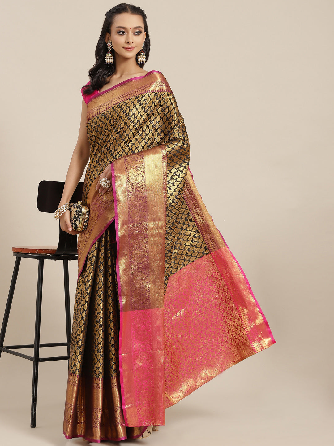 Black Brocade Woven Zari Design Paisely Saree with Unstitched Blouse - Hiral Fashion | Swadesiicart