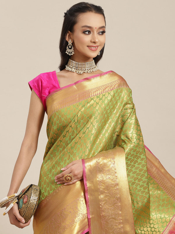 Green Brocade Woven Zari Design Paisely Saree with Unstitched Blouse - Hiral Fashion | Swadesiicart
