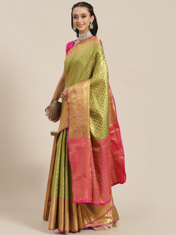 Green Brocade Woven Zari Design Paisely Saree with Unstitched Blouse - Hiral Fashion | Swadesiicart