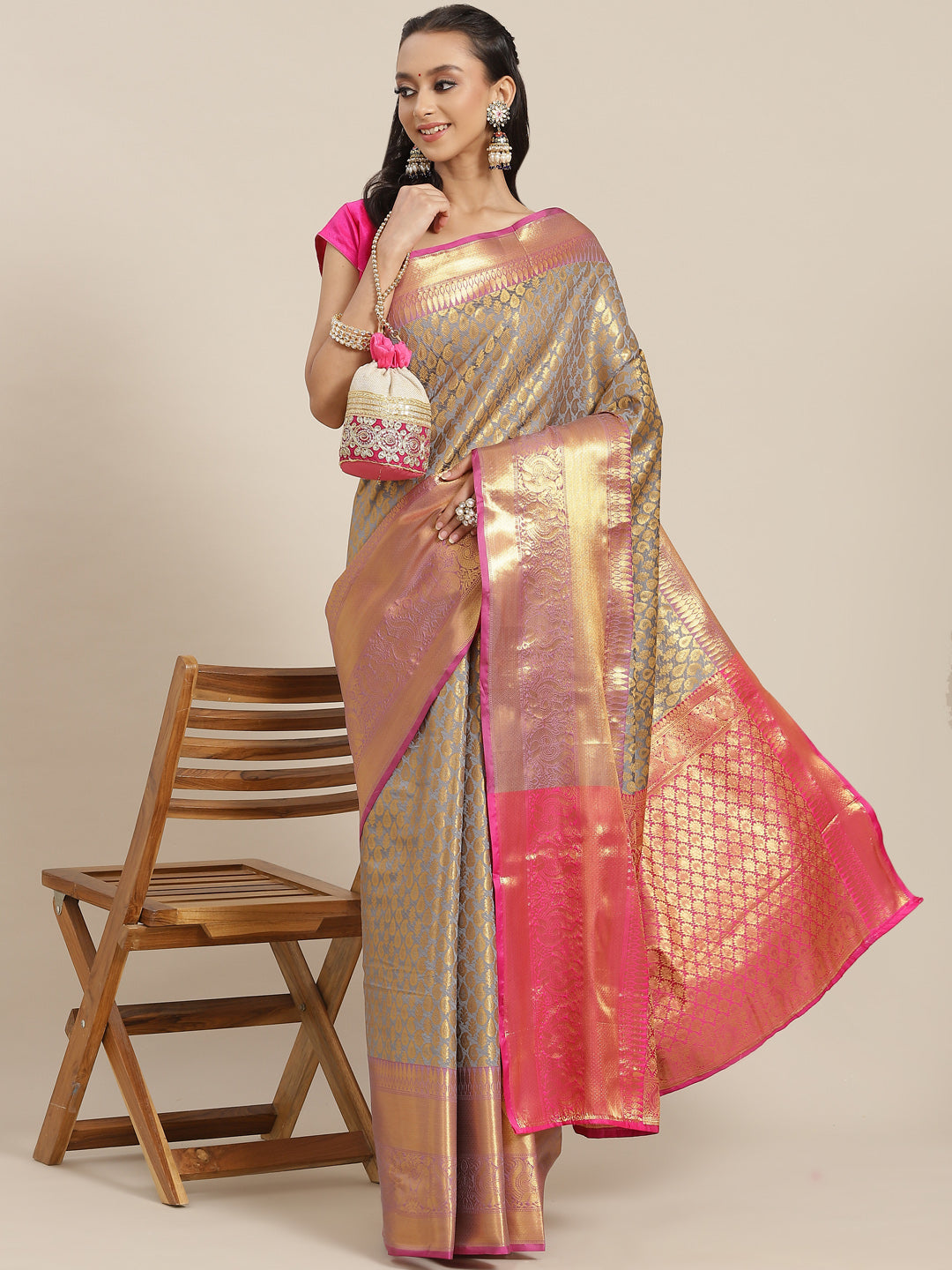 Gray Brocade Woven Zari Design Paisely Saree with Unstitched Blouse - Hiral Fashion | Swadesiicart