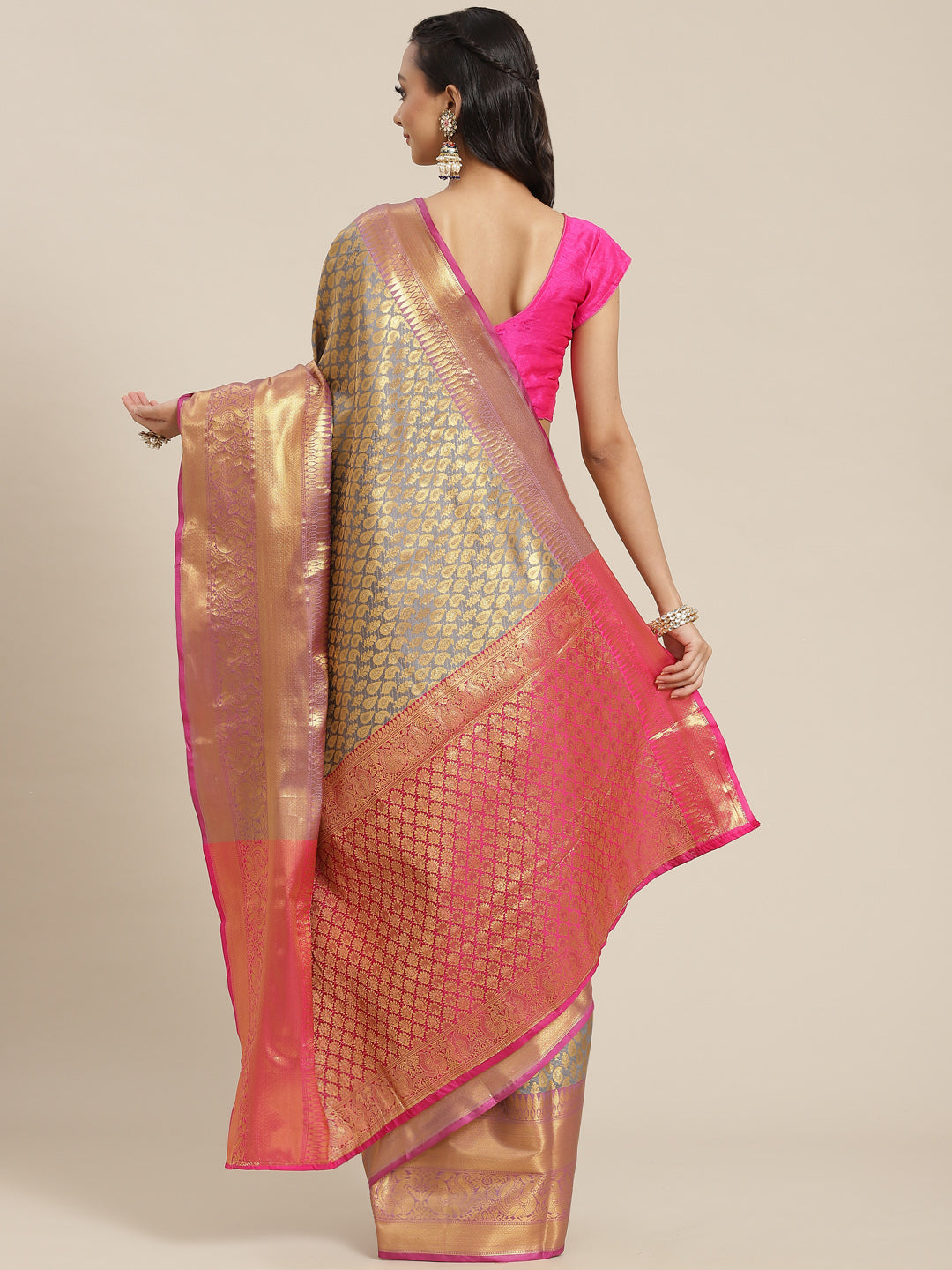 Gray Brocade Woven Zari Design Paisely Saree with Unstitched Blouse - Hiral Fashion | Swadesiicart