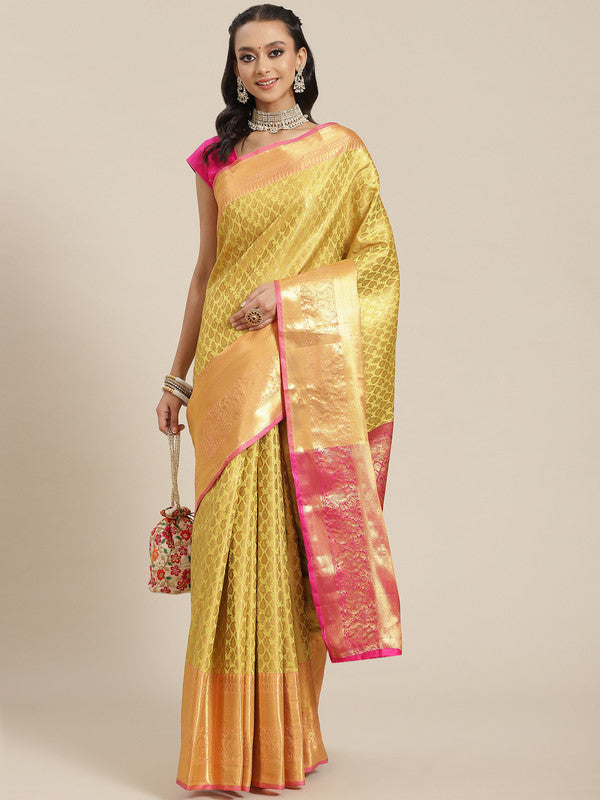 Yellow Brocade Woven Zari Design Paisely Saree with Unstitched Blouse - Hiral Fashion | Swadesiicart