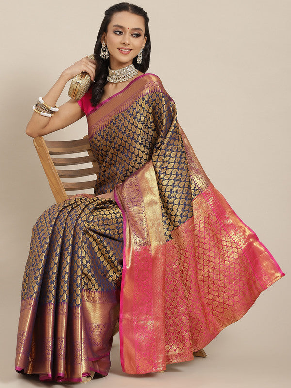 Navy Blue Brocade Woven Zari Design Paisely Saree with Unstitched Blouse - Hiral Fashion | Swadesiicart